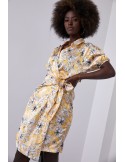 Floral print wrap dress with a collar, yellow FG638 - Online store - Boutique